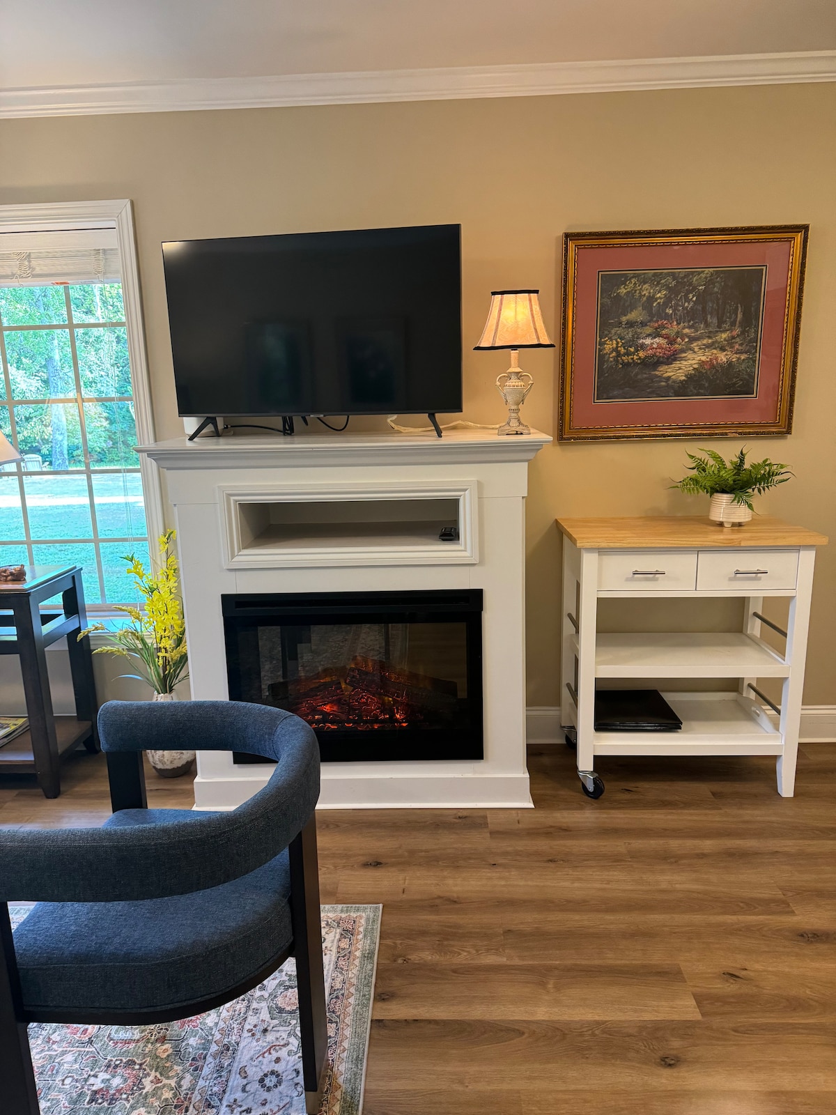 A cozy living area features an electric fireplace beneath a mounted television. A framed nature print decorates the wall above, while a small rolling cart holds a decorative plant. Natural light streams in through the large window, illuminating the welcoming space.