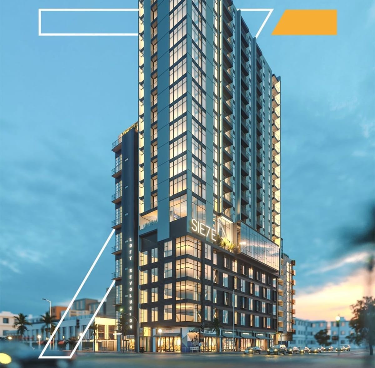 The exterior of a modern high-rise building is featured, showcasing sleek lines and large windows. The structure is illuminated by soft lighting, highlighting its contemporary architecture. Surrounding areas include a wide street, with other buildings visible in the background.