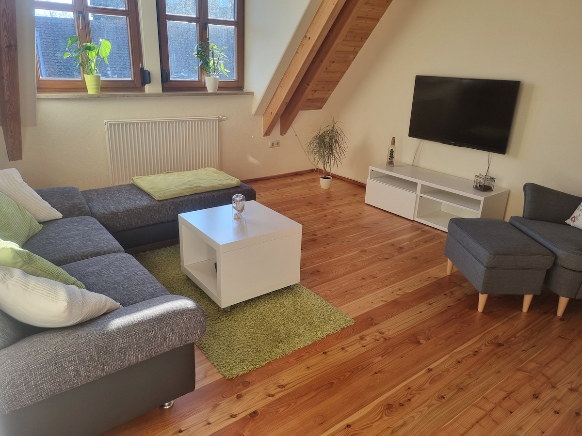 A spacious living area features a comfortable gray sofa with green accent cushions, a white coffee table, and a small armchair. Natural light enters through large windows, highlighting the warm wooden floors and exposed beams above. A minimalist TV stand is positioned against the wall.