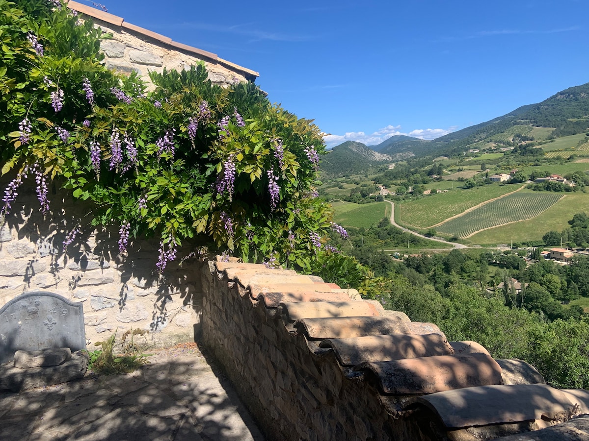 A stone wall edged with blooming wisteria creates a natural frame for expansive valley views. Lush green hills and distant mountains are visible under a clear blue sky, while a winding road meanders through the serene landscape.