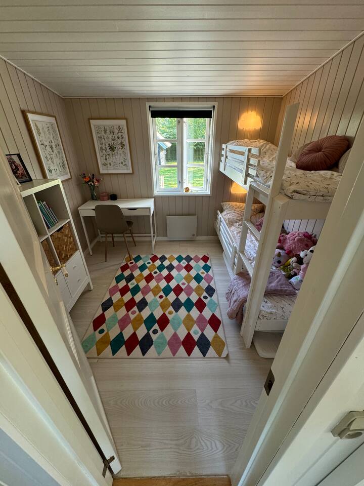 Udobna dječja soba s krevetom na kat, ormarom, policama s knjigama i radnim stolom s papirom i bojama. Donji krevet na kat opremljen je noćnim barom, tako da najmanja djeca također mogu spavati u krevetu na kat.