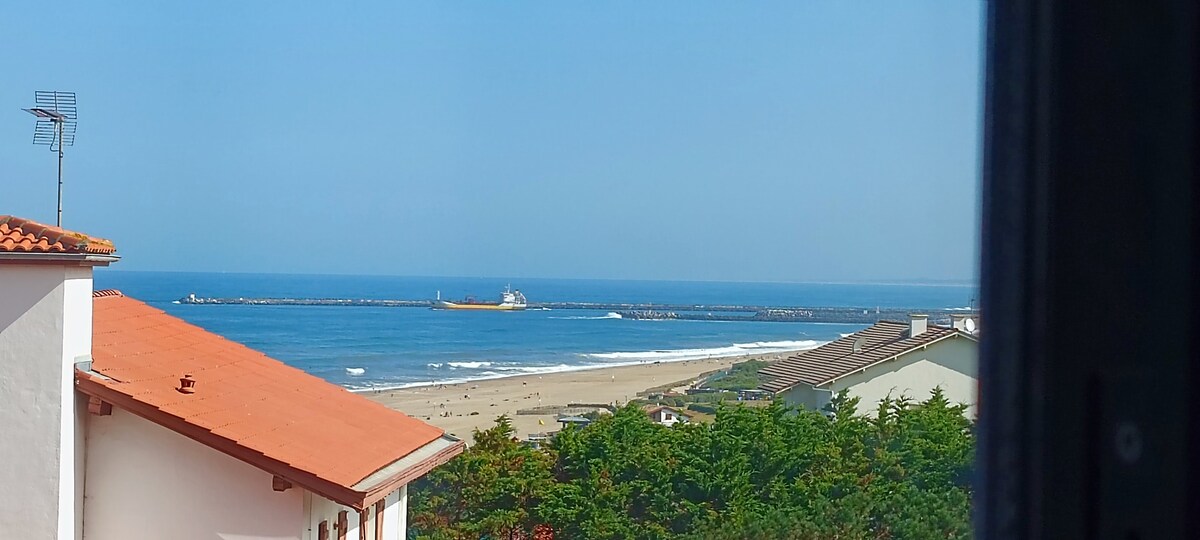 A coastal view is captured from the window, showcasing expansive stretches of sandy beach and the ocean. The horizon meets the calm blue water, while distant structures and a harbor can be seen along the shore. Nearby rooftops add depth to the scene.