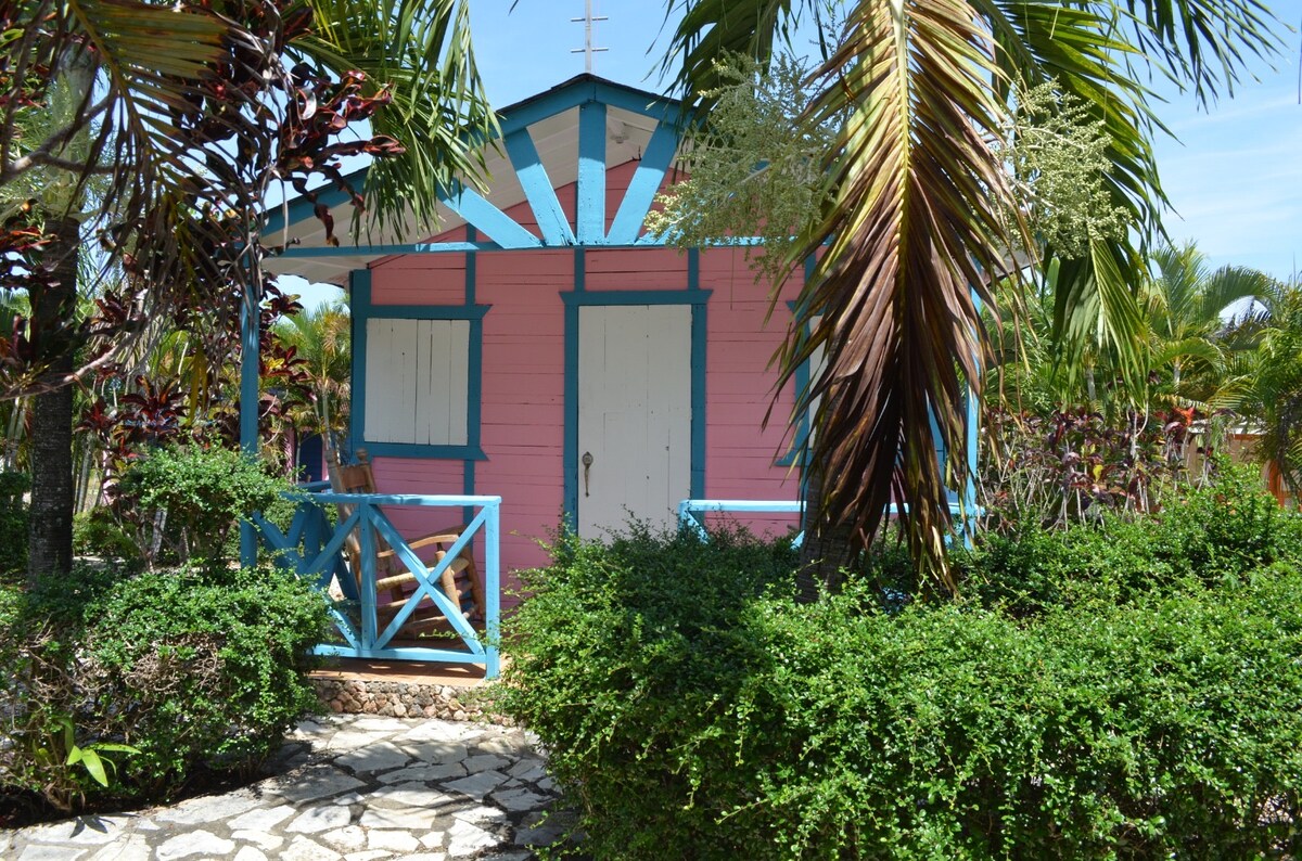 A charming cabin with pink walls and blue trim is surrounded by lush greenery. Door and window shutters are closed, and a stone pathway leads up to the porch, which features a decorative railing. Tropical plants are visible in the background.