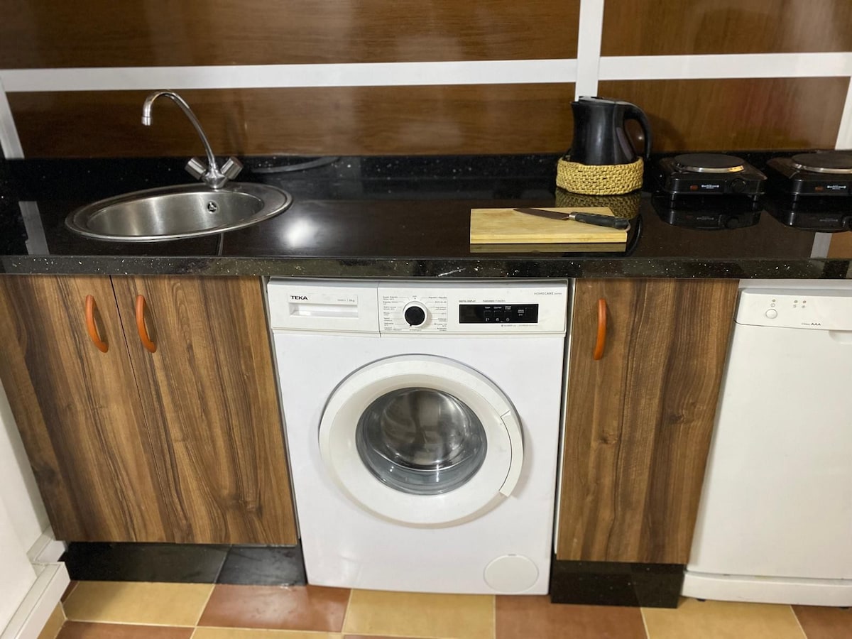 A compact kitchen area is presented, featuring a washing machine integrated into the cabinetry. Dark wood accents contrast with the black granite countertop. A small sink and electric kettle are visible, along with a cutting board resting on the counter. Nearby, a dishwasher can be seen.