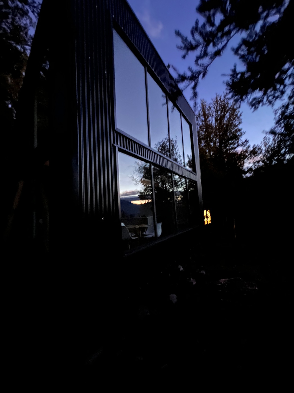 A modern cabin exterior is showcased at dusk, featuring large reflective windows that capture the surrounding nature and twilight sky. The silhouette of nearby trees enhances the atmosphere, while a glimpse of furniture can be seen through the glass, indicating the comfort within.