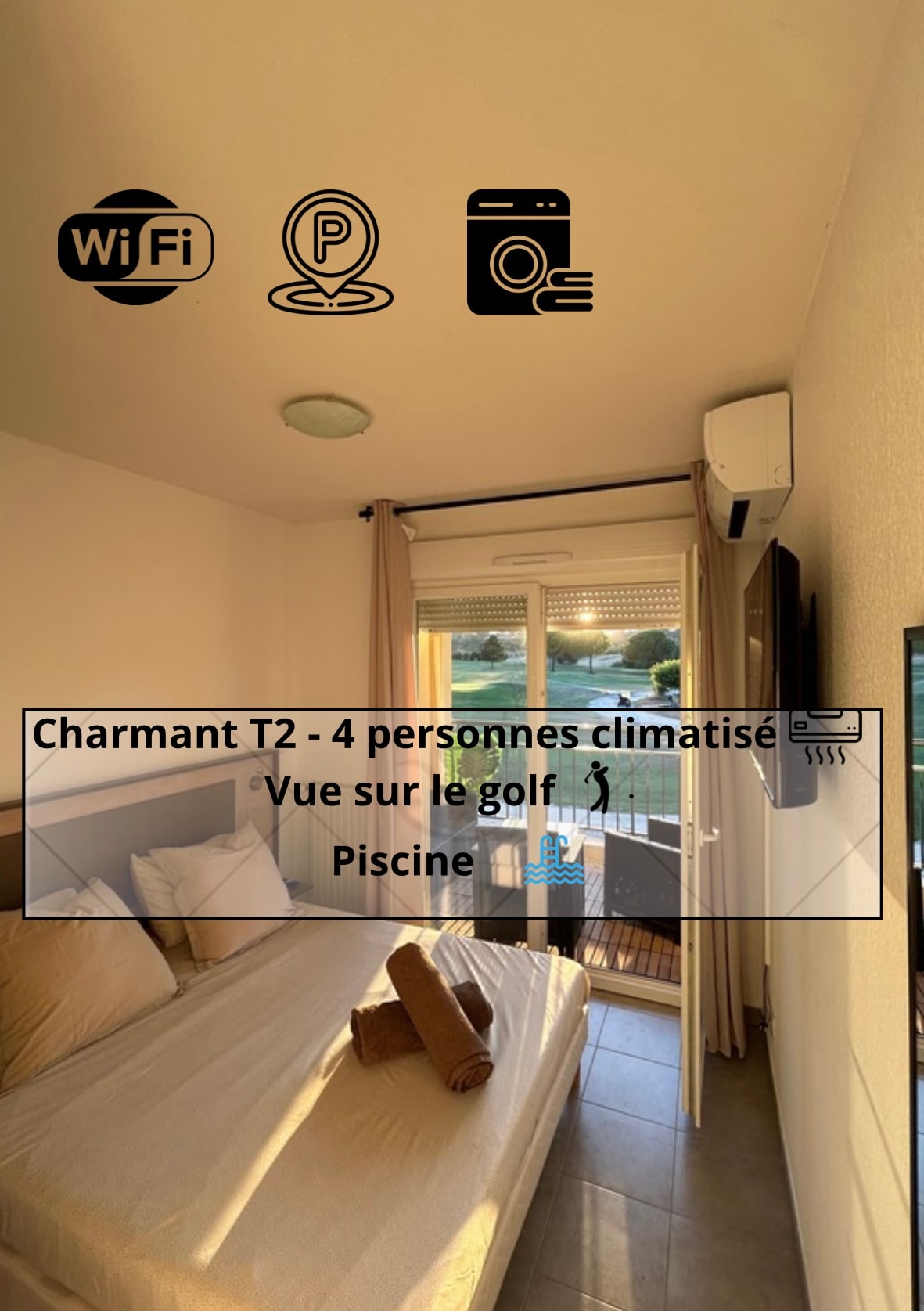 A cozy bedroom is furnished with a spacious bed and features a large window that offers a view of the golf course. Natural light filters through sheer curtains, and modern amenities such as air conditioning and a television are visible.