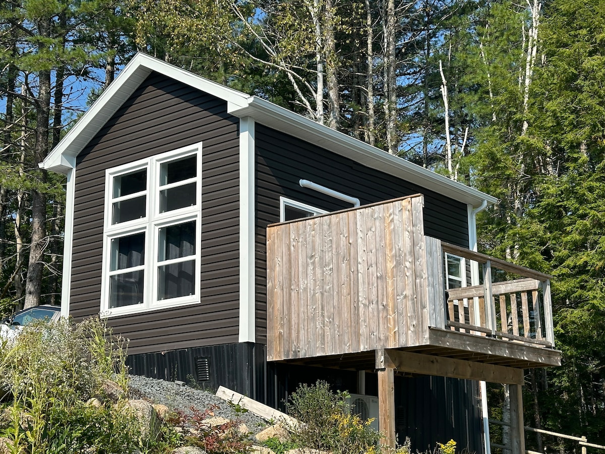The tiny house features a dark exterior with large windows, allowing ample natural light. A small wooden deck juts out from the front, providing an outdoor space for relaxation. Surrounding greenery adds to the natural setting.