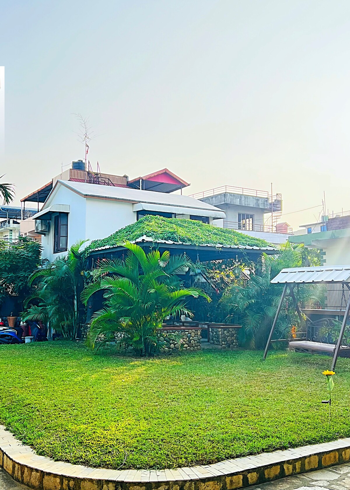 A garden area features a lush green lawn bordered by tropical plants. A shaded gazebo with a swing is visible, providing a relaxing spot, while the exterior of a two-story house is adorned with climbing greenery.