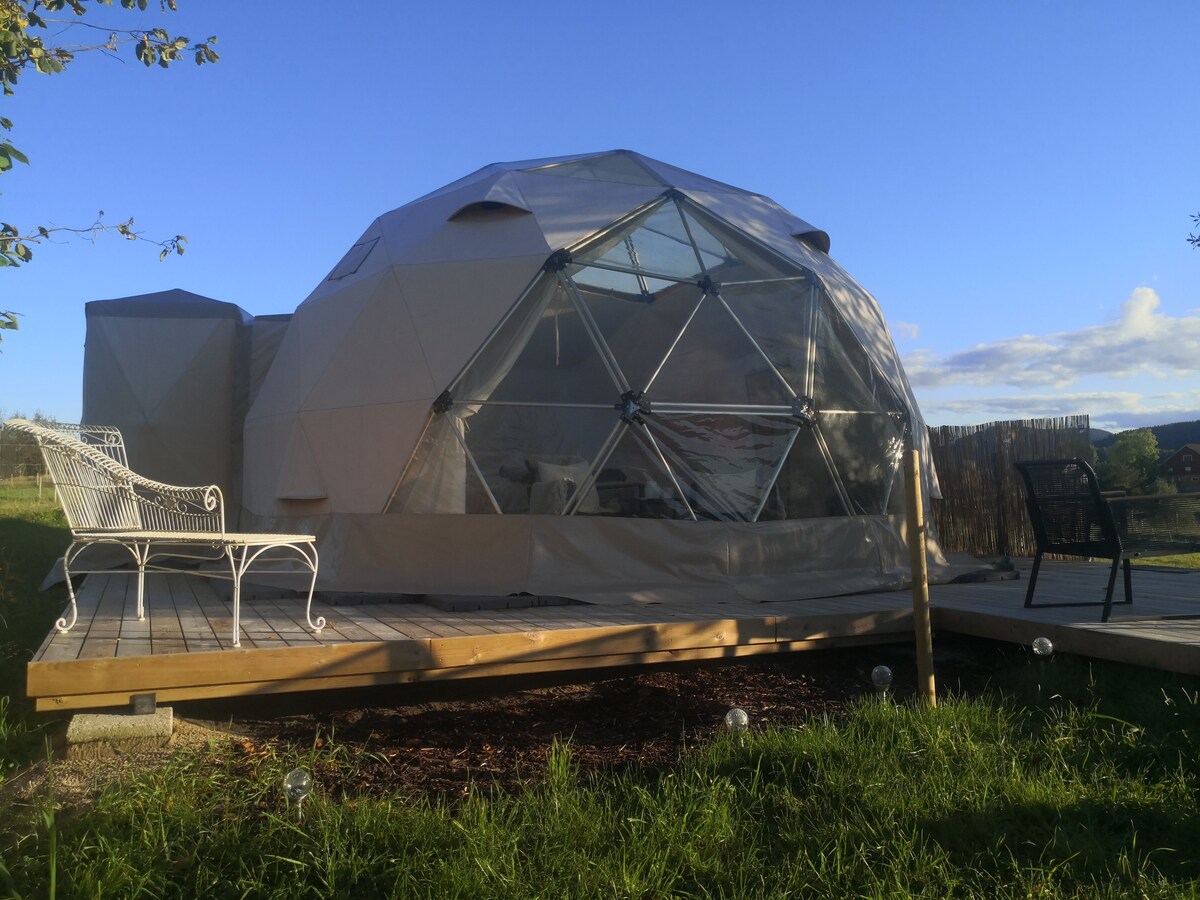A geodesic dome structure is displayed on a wooden deck surrounded by green grass. Large transparent panels form the front, providing views of the landscape. Nearby, a white metal bench and a single chair offer seating options, enhancing the outdoor space.