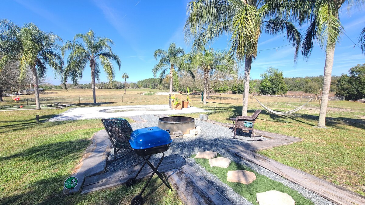 An outdoor space is presented with palm trees and green grass. A grill is positioned near a stone fire pit, surrounded by a gravel path. A hammock hangs between trees, inviting relaxation in a private yard. The scenic backdrop showcases a clear blue sky.