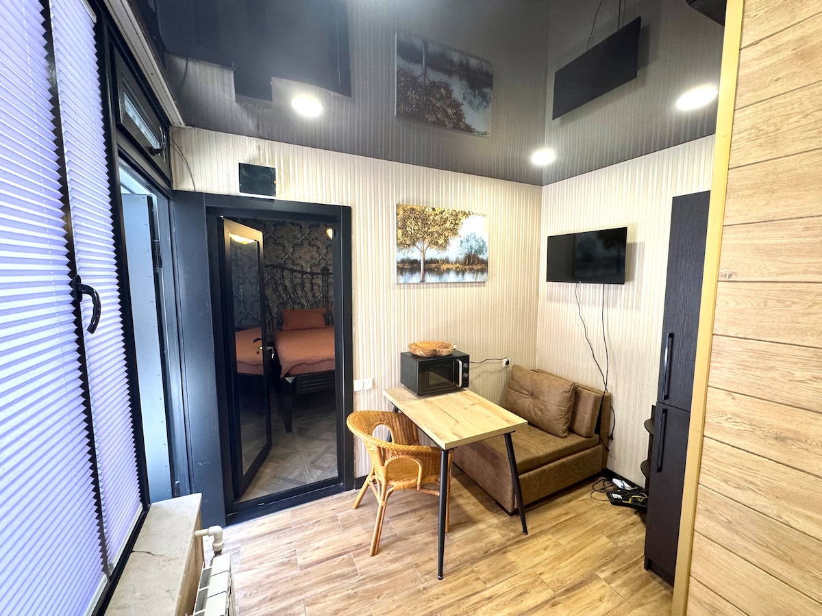 A well-furnished living area is visible, featuring a comfortable brown sofa and a wooden dining table with a chair. A microwave is present on the table, and a wall-mounted television adds to the modern amenities. Large windows with blinds allow natural light, and a door leads to the separate bedroom.