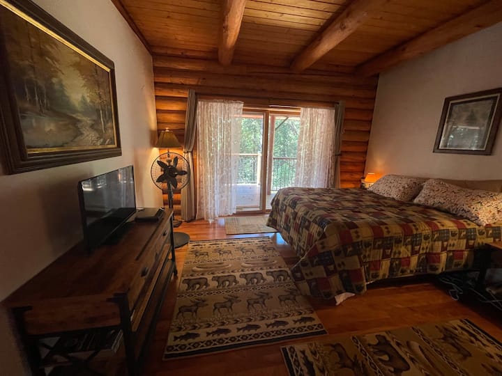 Acogedor dormitorio principal con una cama Sealy Posturpedic tamaño queen y acceso a la terraza con vistas al bosque. Baño adyacente con ducha a ras de suelo.