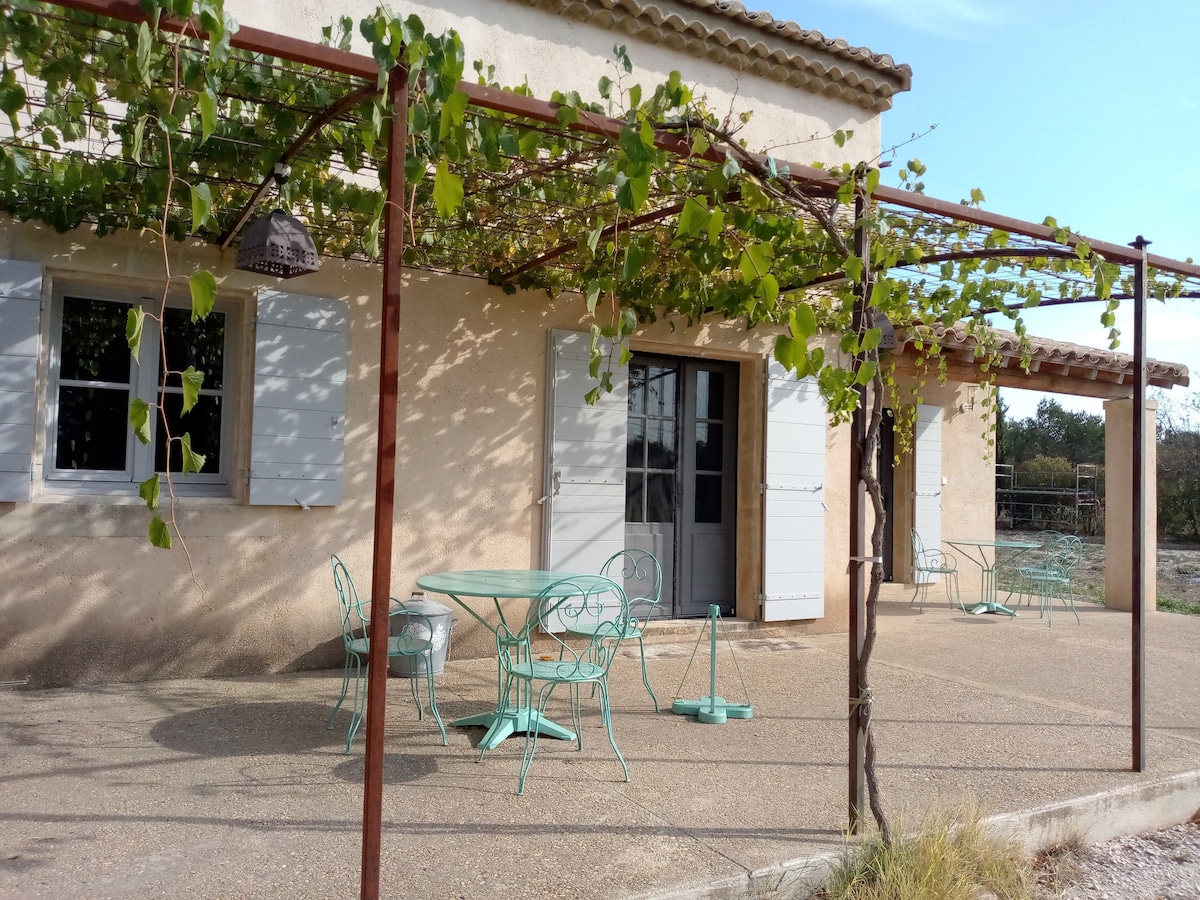 A charming outdoor patio features green metal furniture, including a round table and several chairs, shaded by a trellis adorned with climbing vines. Light-colored walls and large windows provide a welcoming entrance to the house, enhancing the serene countryside setting.