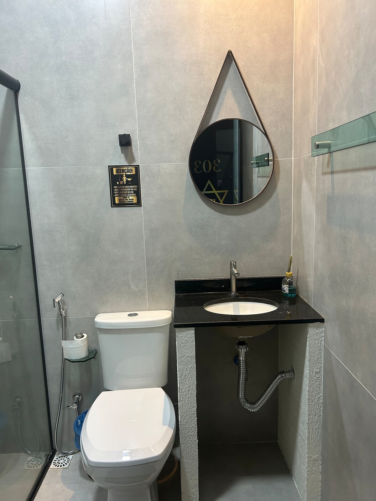 The sleek bathroom features a modern design with light gray walls and a glass shower enclosure. A stylish mirror hangs above a compact sink surrounded by a dark countertop. A toilet is positioned adjacent to the sink, with a toilet paper holder nearby.