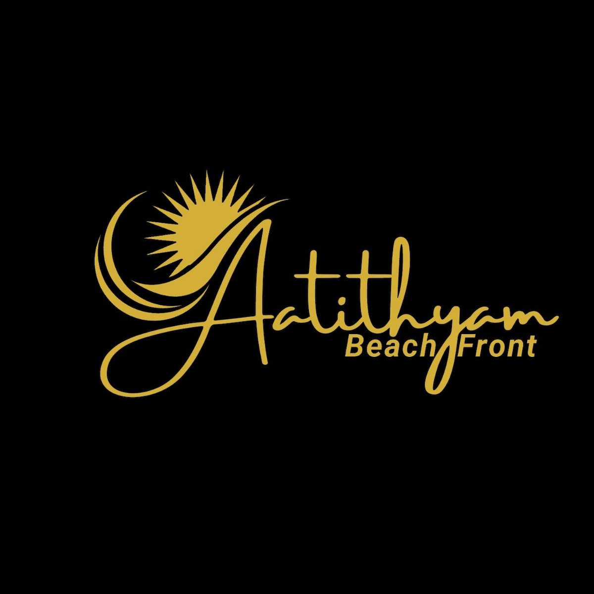 A logo is presented in a gold hue against a black background. The logo features stylized text that reads 'Aatithyam Beach Front,' accompanied by a sun symbol with radiating rays, conveying a sense of tranquility and beachside allure.