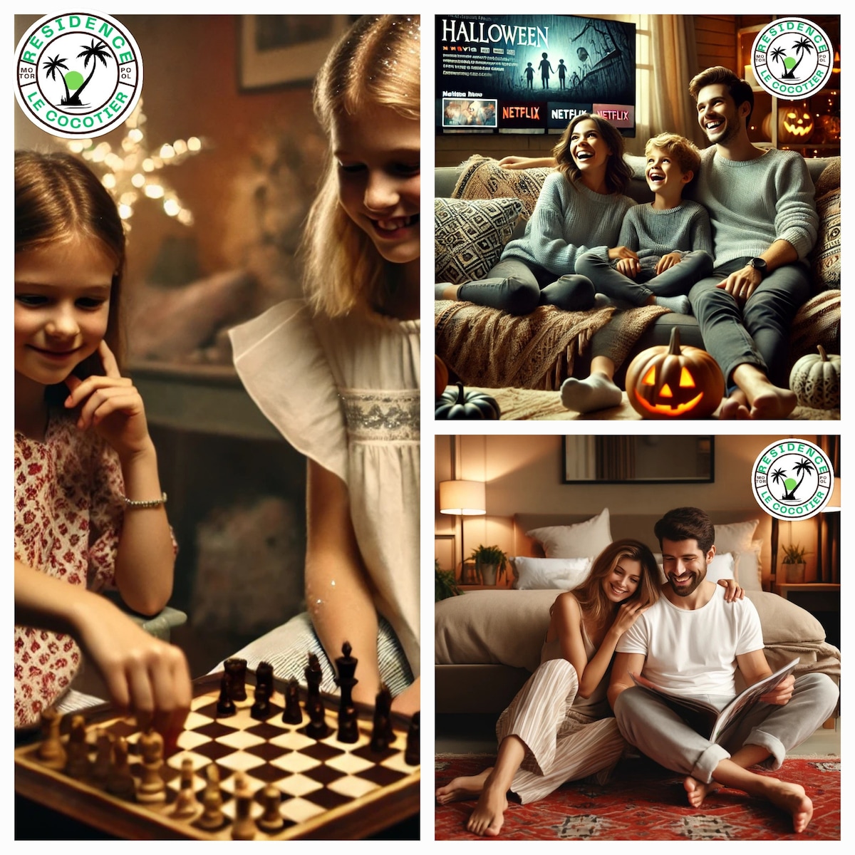 A cozy gathering is depicted, featuring hands engaged in a chess game near a warm fireplace. A family relaxes together on a sofa, surrounded by autumn decorations and a movie night theme. Another image shows a couple comfortably reading in a tranquil bedroom setting.