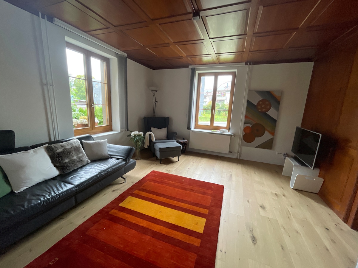 A living area features wooden ceiling panels and large windows that allow natural light to fill the space. A dark leather sofa and a comfortable armchair are positioned within. A vibrant red and orange area rug adds color to the light wooden flooring, complemented by contemporary artwork on the wall.