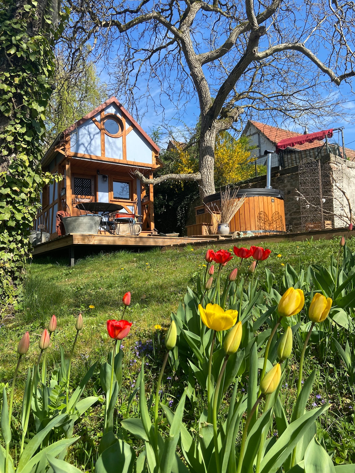 A charming tiny house is set against a backdrop of greenery and blooming tulips in red, yellow, and pink. The wooden structure features a deck with outdoor seating and a nordic bath nearby, surrounded by trees under a clear blue sky.