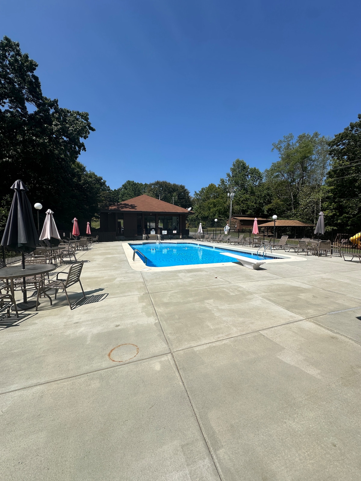 A heated swimming pool is surrounded by a spacious deck, featuring multiple tables and umbrellas for shade. Lush trees provide a natural backdrop, enhancing the inviting outdoor space. The clear blue sky adds to the overall ambiance of leisure and relaxation.