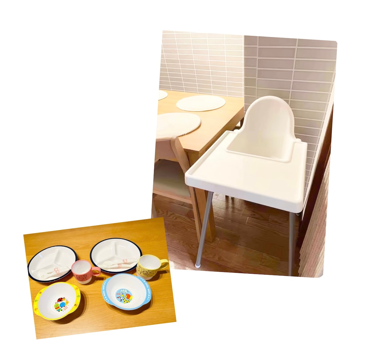 A clean and spacious highchair stands beside a dining table, ready for use. The image also presents three colorful child-friendly bowls and plates laid out on a wooden surface, each designed for easy handling during mealtime.