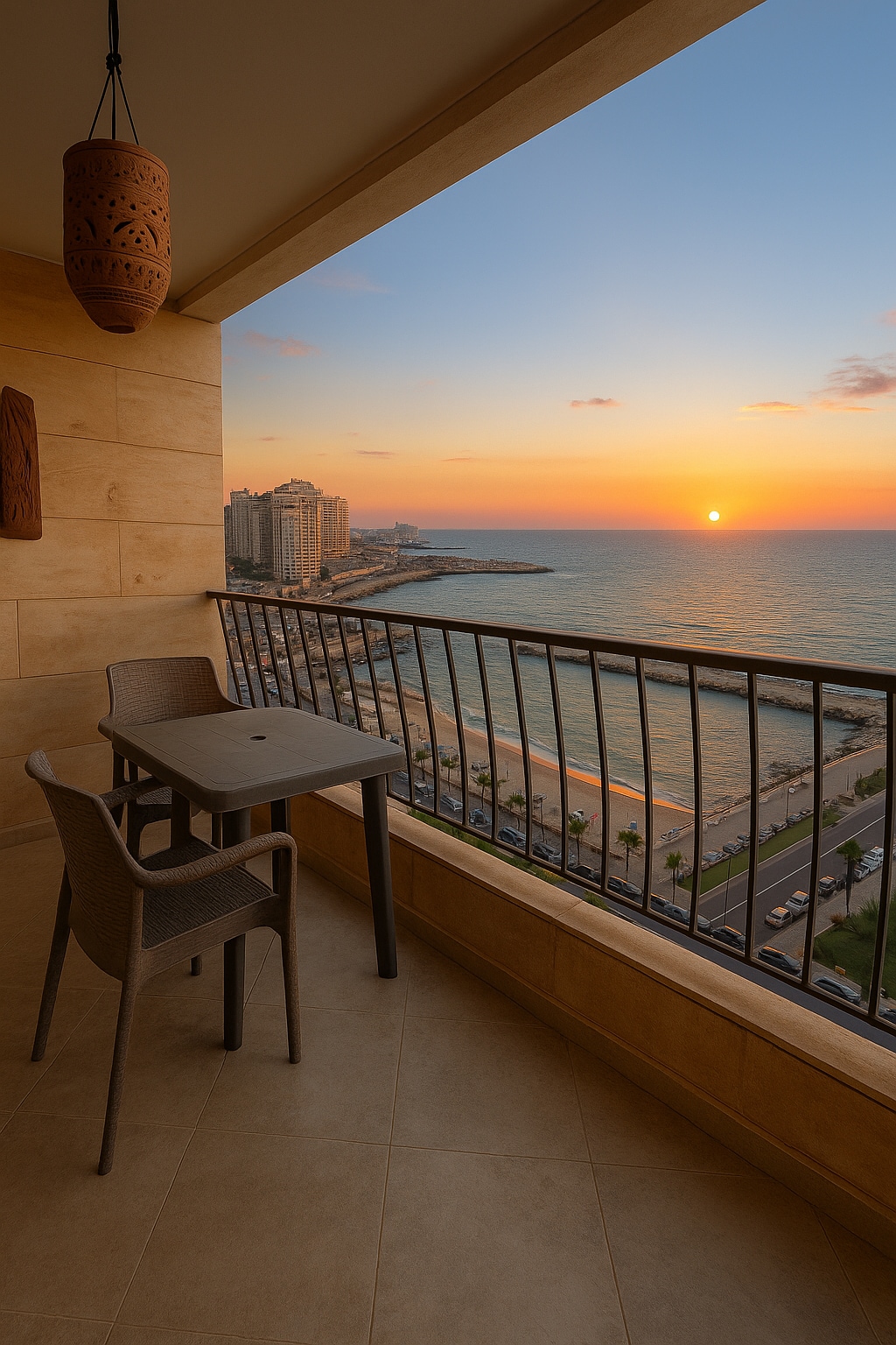 A serene balcony view captures a stunning sunset over the sea, with warm hues illuminating the horizon. Two chairs and a small table are positioned to enjoy the vista, framed by a protective railing. The scene conveys a peaceful retreat by the coast.
