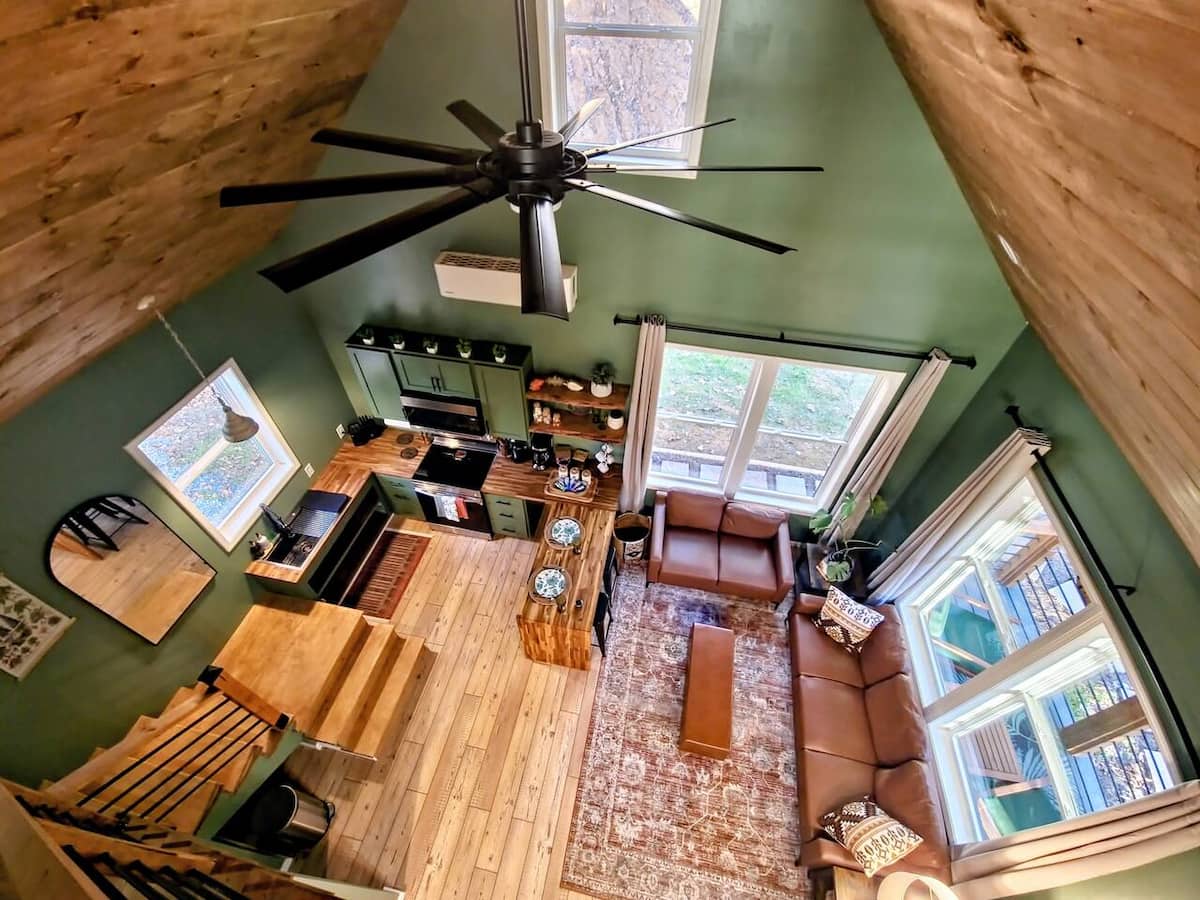 Living room with 20-foot vaulted ceilings