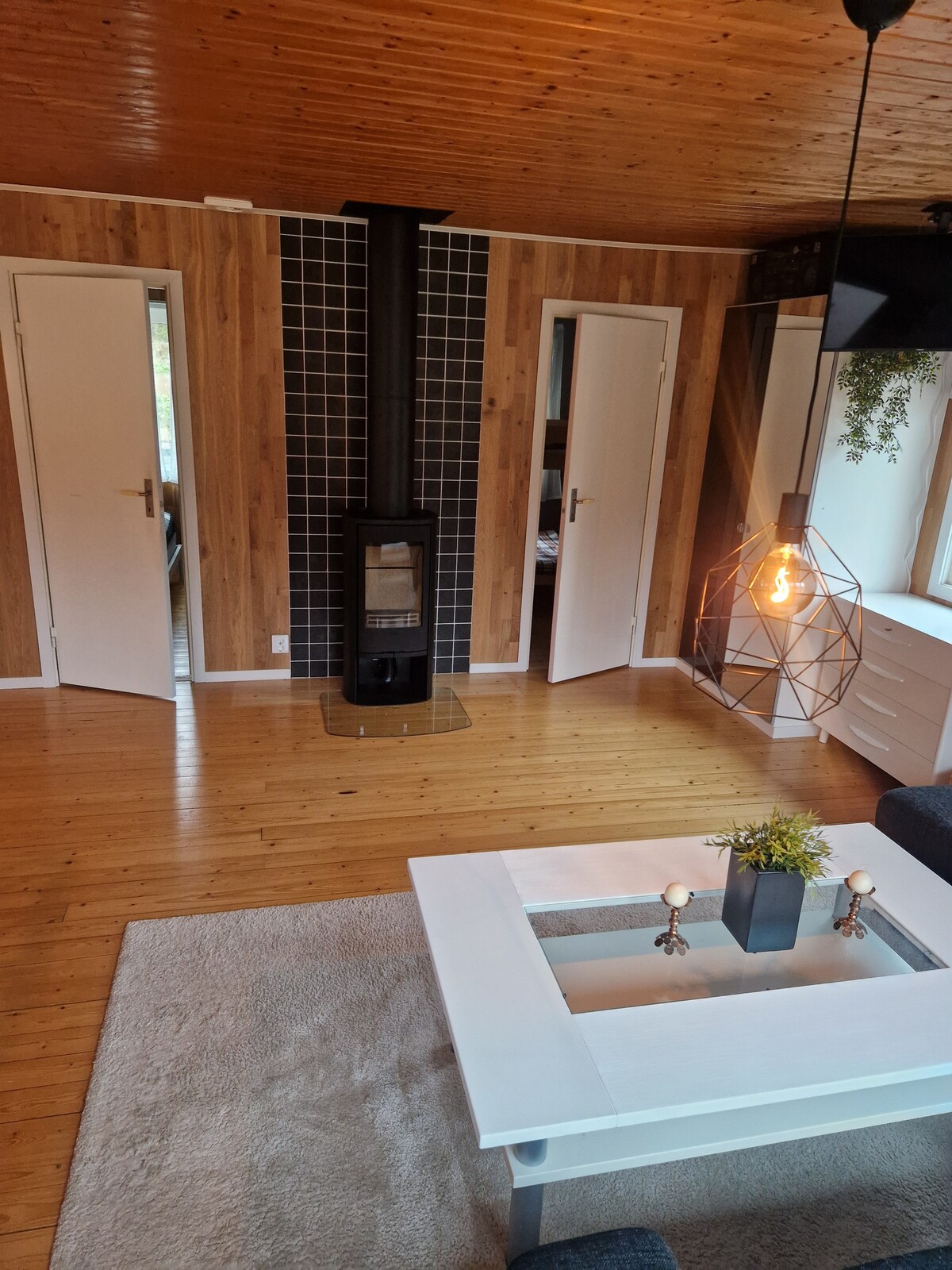 A living area features a central stylish table atop a soft area rug, complemented by a cozy seating space. Wooden walls enhance the warmth, while a modern fireplace is positioned against a patterned backdrop. Two doors lead to additional rooms, providing easy access.