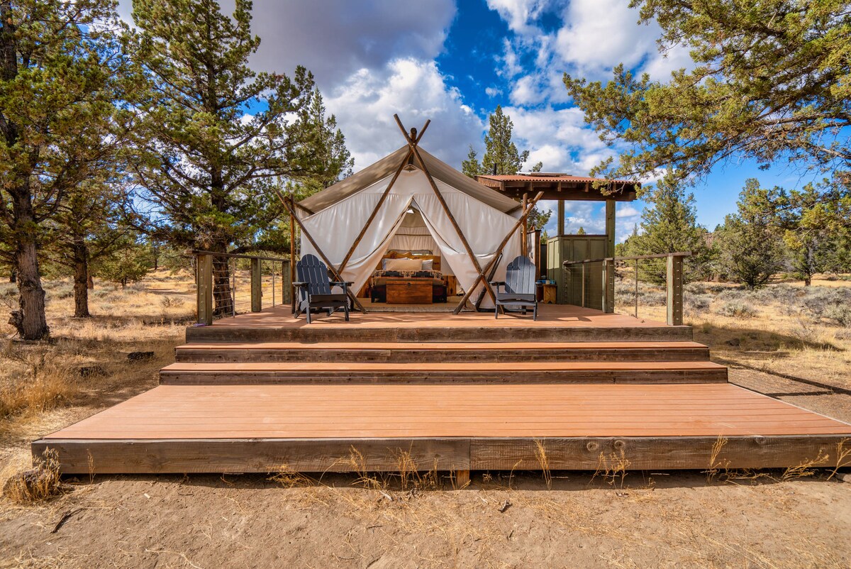A platform tent is nestled amid tall pine trees, featuring a spacious wooden deck leading to a partially opened entrance. Two Adirondack chairs are positioned on the deck, offering a welcoming view of the surrounding natural landscape under a partly cloudy sky.