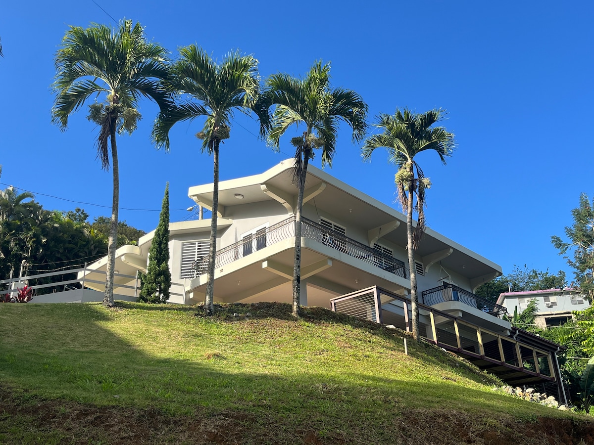 A modern two-story home is situated on a hillside, surrounded by lush greenery and palm trees. The structure features multiple balconies with decorative railings, showcasing a light-colored facade against a clear blue sky.