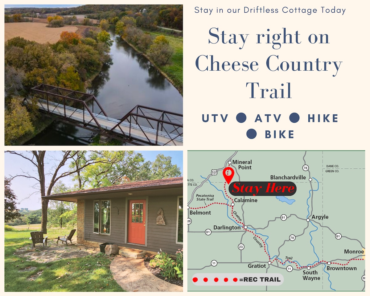 A scenic view showcases a tranquil pond framed by lush greenery and rolling hills. A rustic bridge crosses the water, leading to wooded areas. The cottage's entrance is visible, featuring a welcoming patio space surrounded by nature. A map highlights the Cheese Country Trail and nearby attractions.