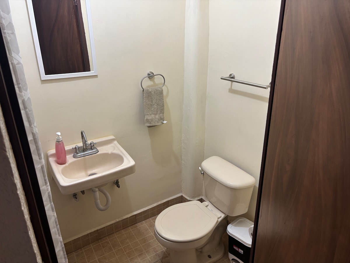 A compact bathroom is showcased, featuring a wall-mounted sink and a toilet. A small towel hangs from a chrome rack, while a shower with a curtain is present. Neutral tones create a clean and functional space, illuminated by natural light through a window.