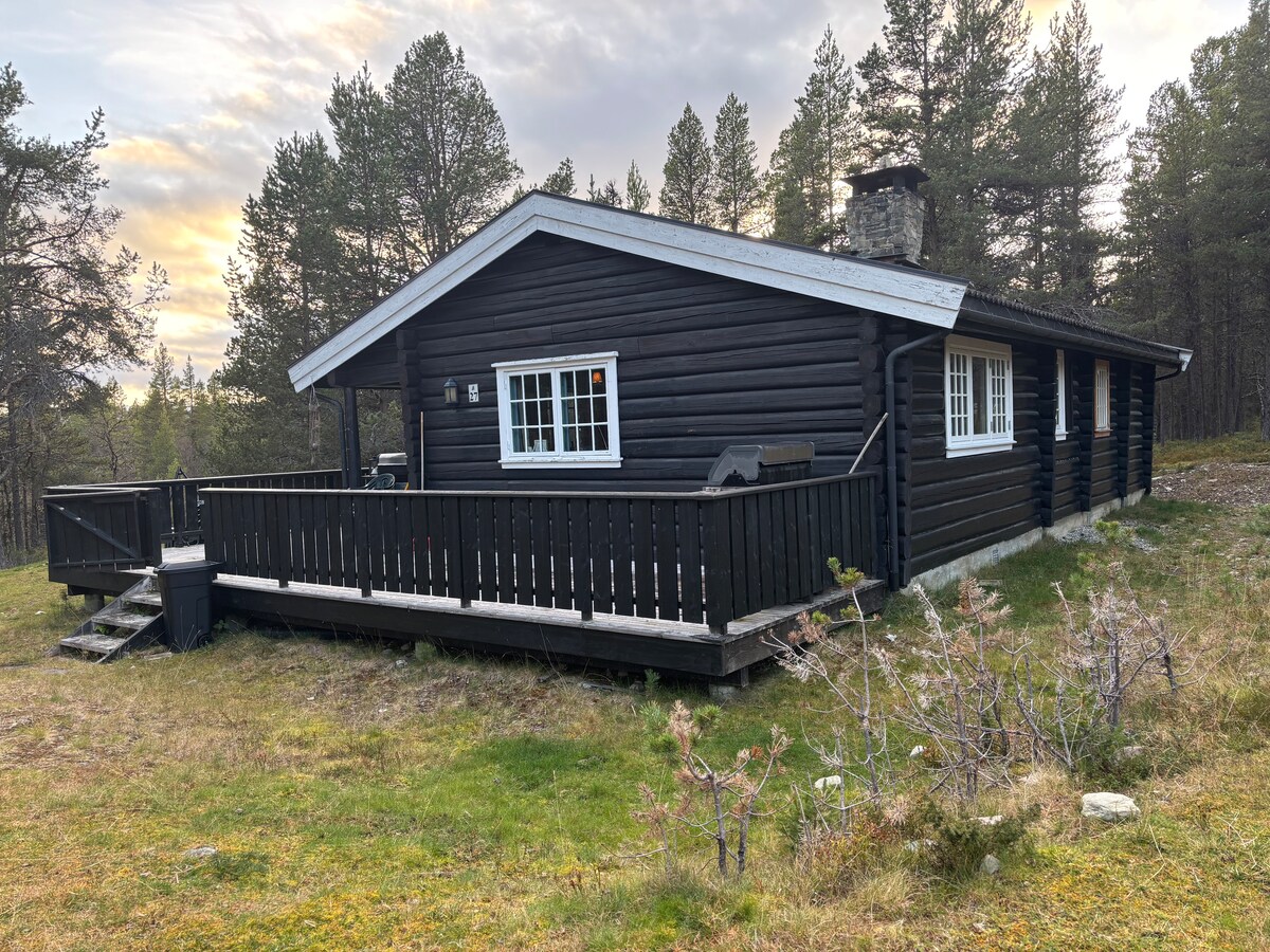 The wooden cabin features a dark exterior with large windows and a spacious deck. The surrounding landscape includes patches of grass and scattered trees, creating a natural setting. A stone chimney rises from the roof, contributing to the rustic charm.