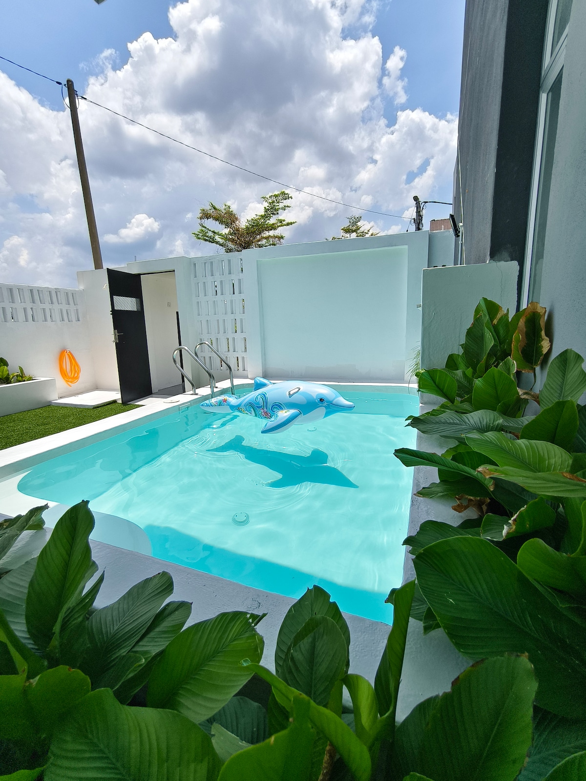 A private outdoor pool is framed by lush green plants and a simple white wall. Two inflatable loungers float in the crystal-clear water, and the space is bathed in natural light under a partly cloudy sky.