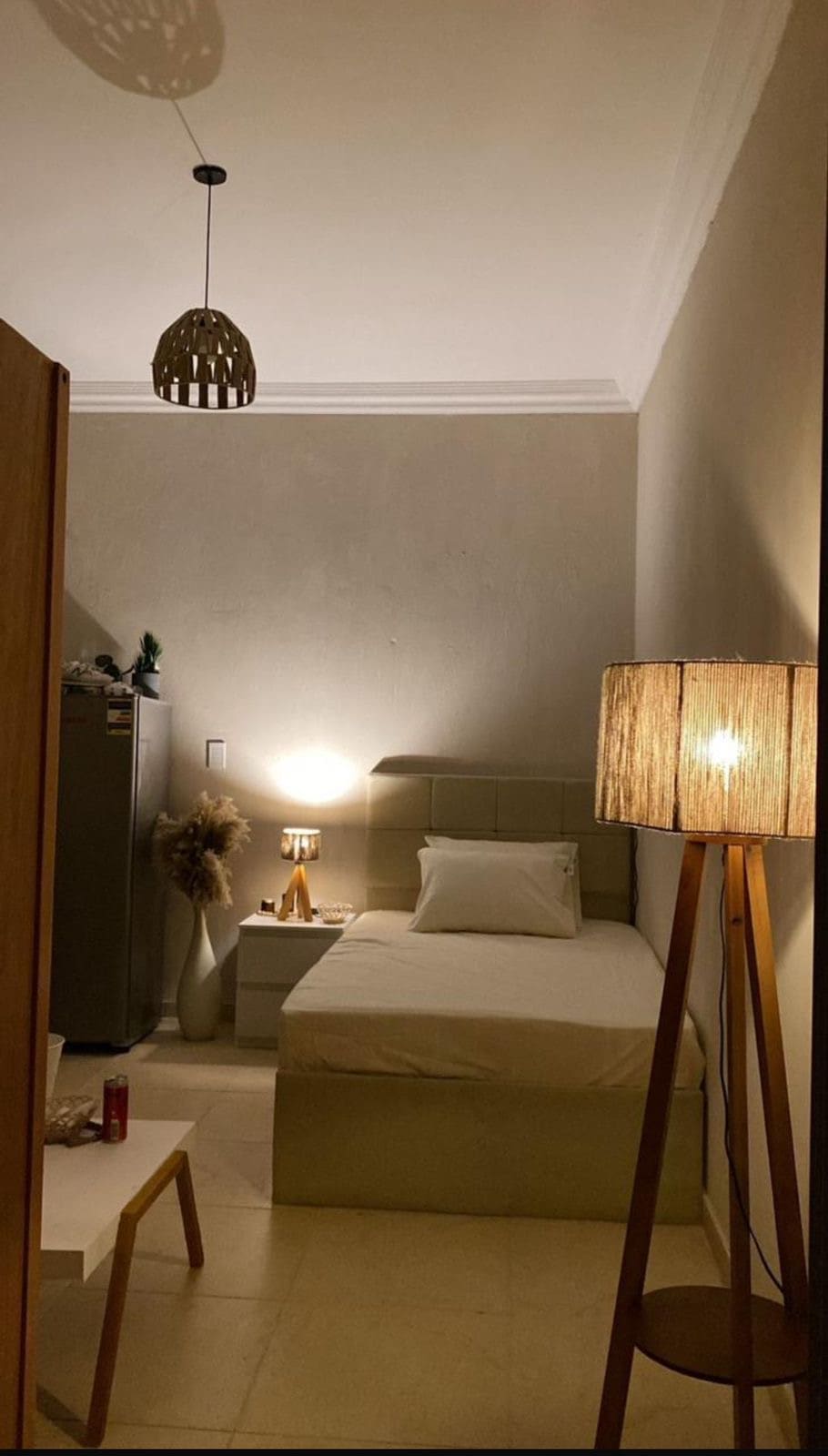A cozy bedroom features a single bed with light bedding and a bedside table. A floor lamp illuminates the space, complemented by a pendant light overhead. Soft, neutral wall colors provide a calm setting, and a wardrobe is visible on the left side.