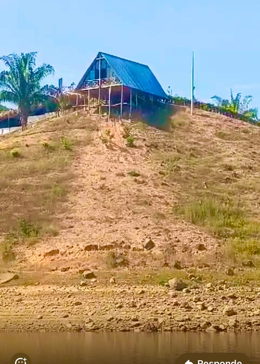 A unique house is perched on a hillside, showcasing a triangular blue roof and wooden supports. Surrounding vegetation includes palm trees and sparse greenery, set against a clear blue sky. The foreground features a calm body of water reflecting the landscape.