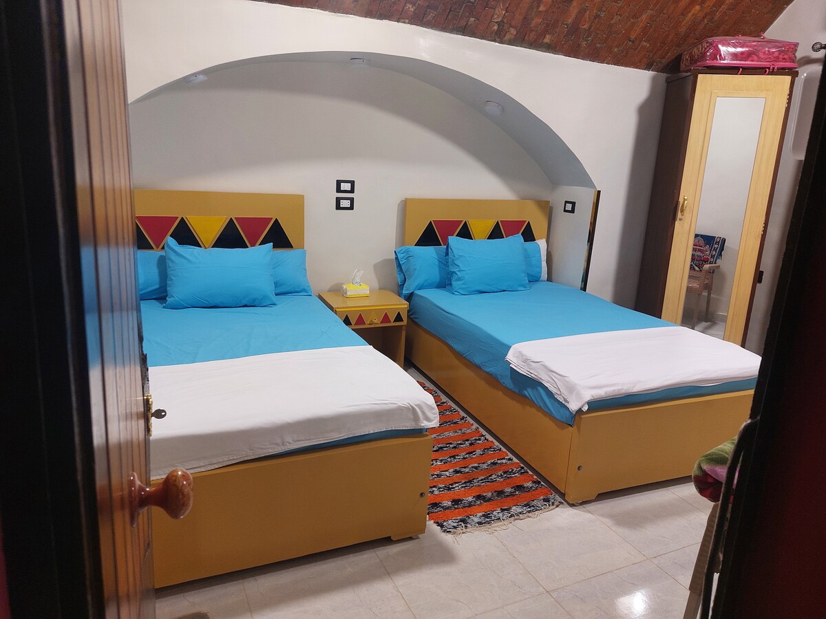 The room features two spacious beds with bright blue bedding. A geometric-patterned headboard is visible above each bed. A patterned area rug adds color to the tiled floor, while a wooden wardrobe is situated against the wall, providing storage space.