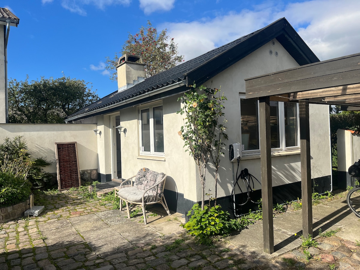 The exterior of the guesthouse is visible, featuring a light-colored facade with two windows and a door. A small porch area with a bench is present, and the stone path is lined with greenery. The atmosphere is relaxed with a sunny sky above.