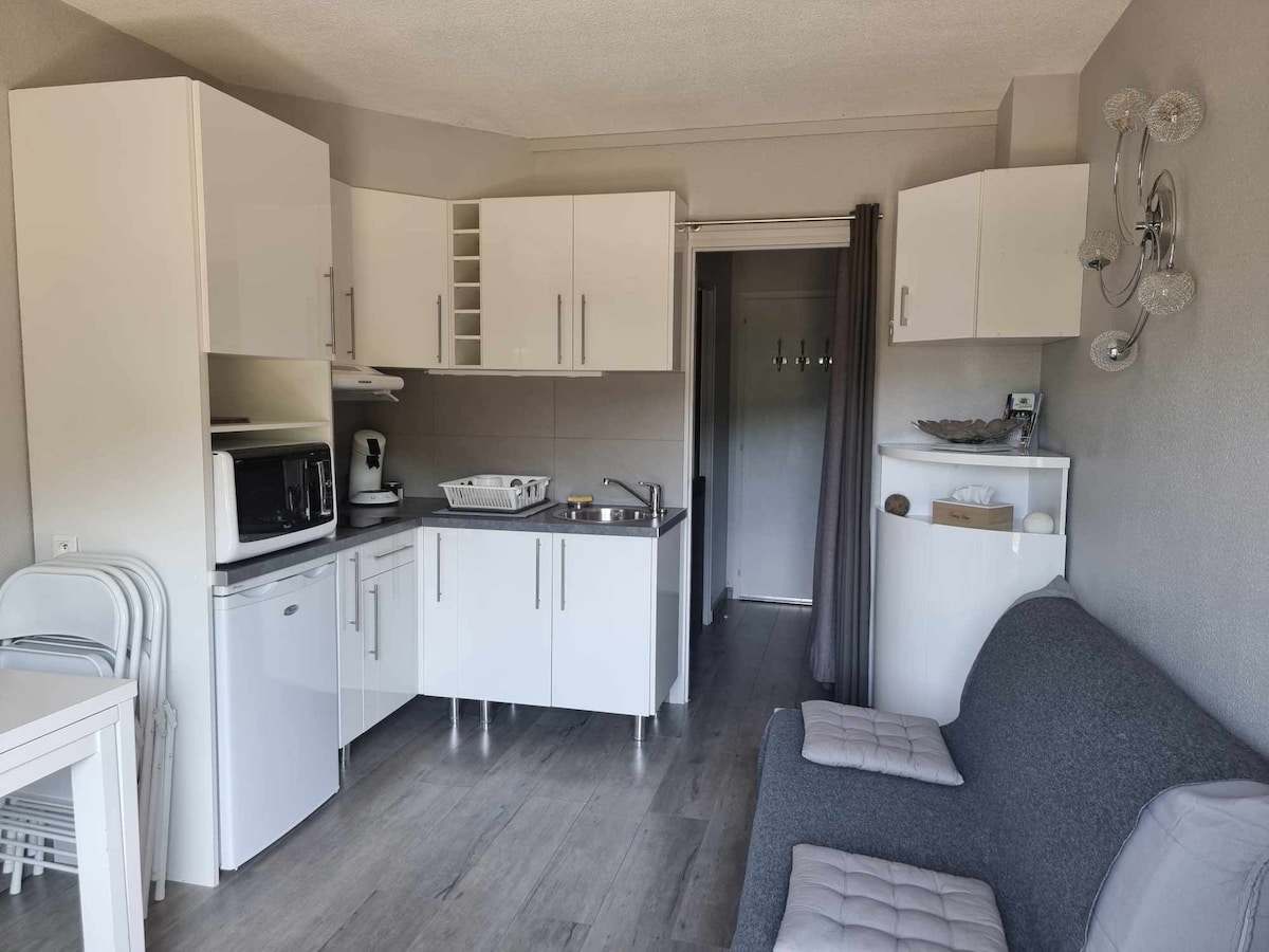 A modern kitchenette features white cabinetry, equipped with an induction cooktop, multifunction oven, refrigerator/freezer, and small appliances. A compact dining table with folding chairs sits beside a gray sofa. The light-colored flooring adds to the bright, inviting ambiance of the space.