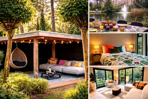 Forest home by sand dunes with garden by lake