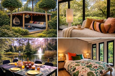 Forest home by sand dunes with garden by lake