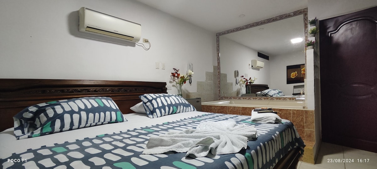 A spacious sleeping area features a large decorative bed with patterned bedding. Two pillows are arranged on each side, and a soft towel is neatly placed on the blanket. A mirror reflects the room's calming hues, while air conditioning units are positioned for comfort.