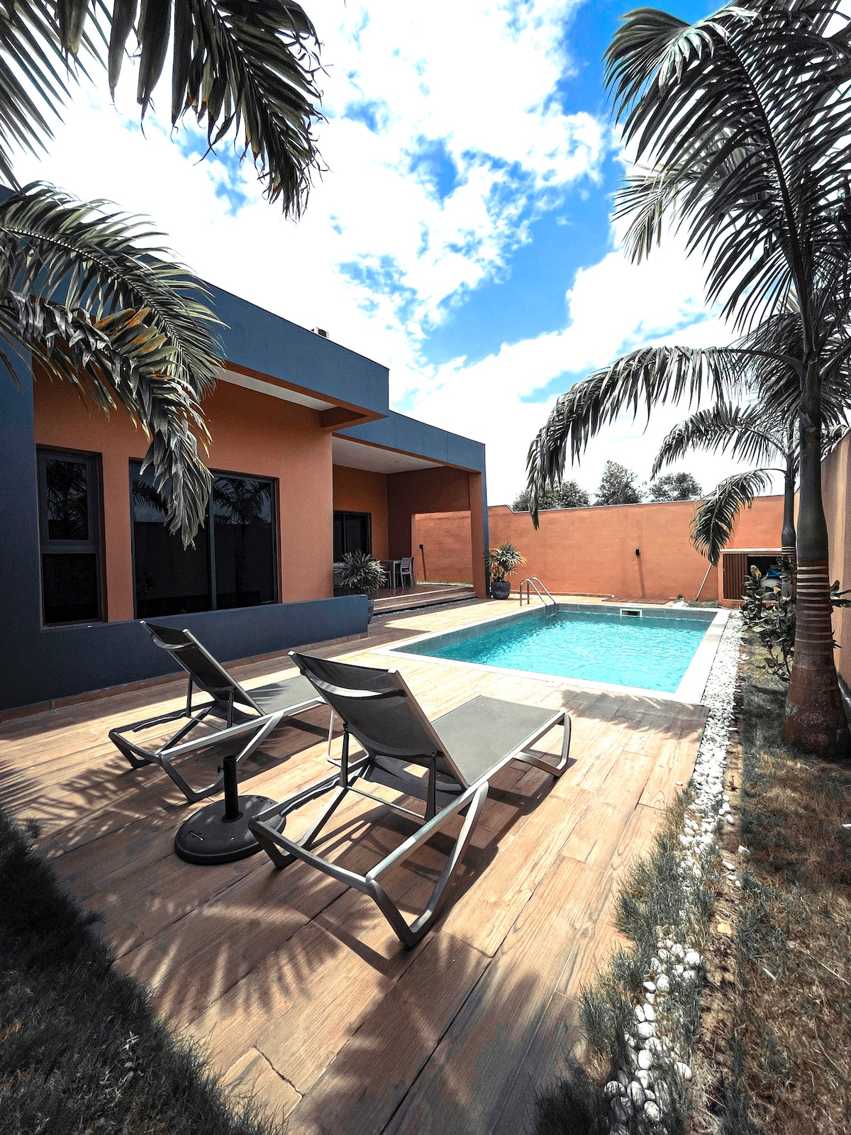 A serene outdoor area features modern loungers positioned by a sparkling pool. The pool is framed by lush palm trees and is surrounded by a wooden deck. The background displays a contemporary building with large windows, allowing natural light to fill the space.