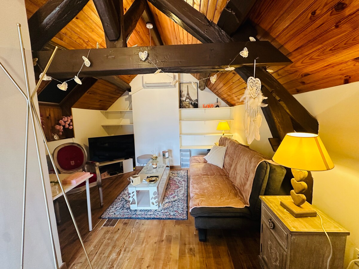 A cozy living area is presented within a loft featuring exposed wooden beams. A comfortable sofa is positioned across from a TV on a white unit. A small coffee table sits atop a patterned rug, illuminated by a lamp on an adjacent side table.