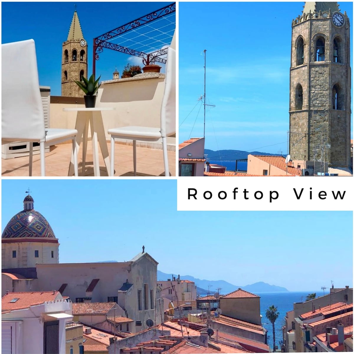 A shared rooftop terrace provides views of historical architecture and the sea. White chairs and a small table are positioned for relaxation. A clock tower and church dome can be seen among the terracotta rooftops, with hills and water visible in the distance.