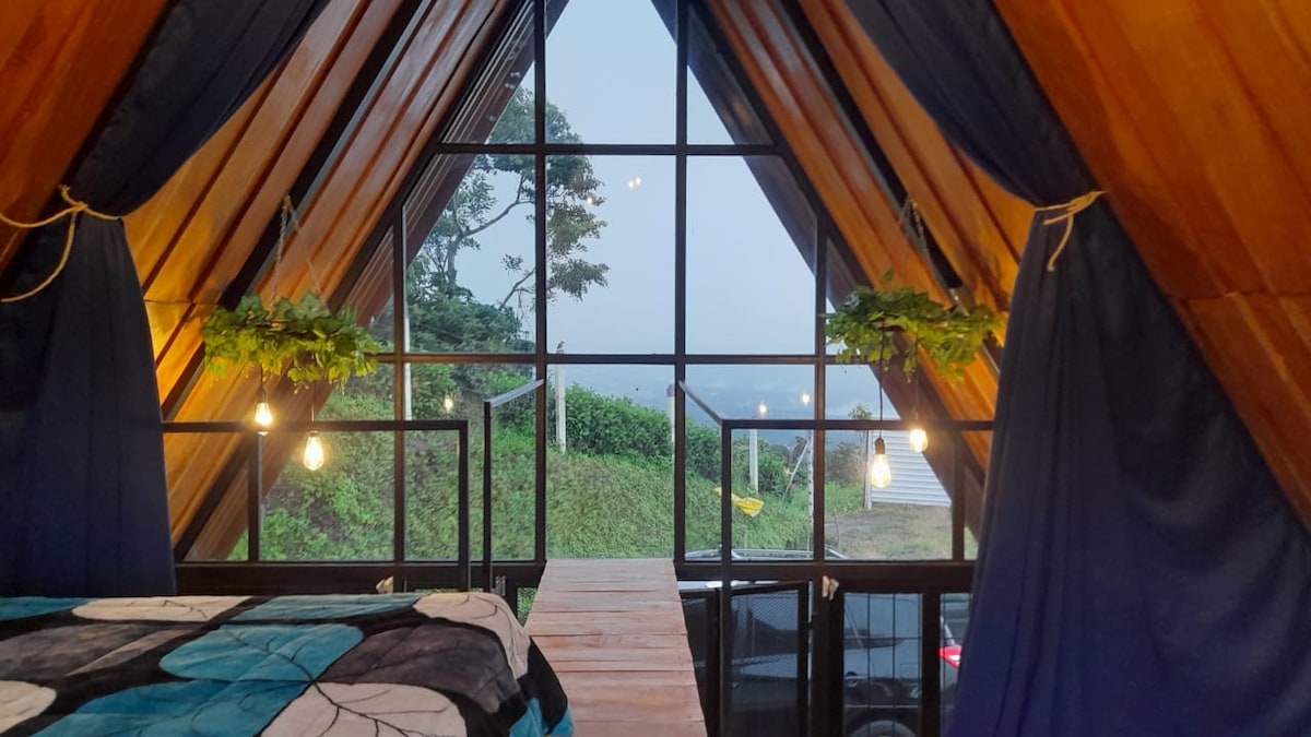 A triangular room features large glass windows that frame a view of greenery outside. Hanging plants adorn each side of the windows, and warm light bulbs provide illumination. A wooden platform leads to the sleeping area, which is dressed with a colorful blanket.