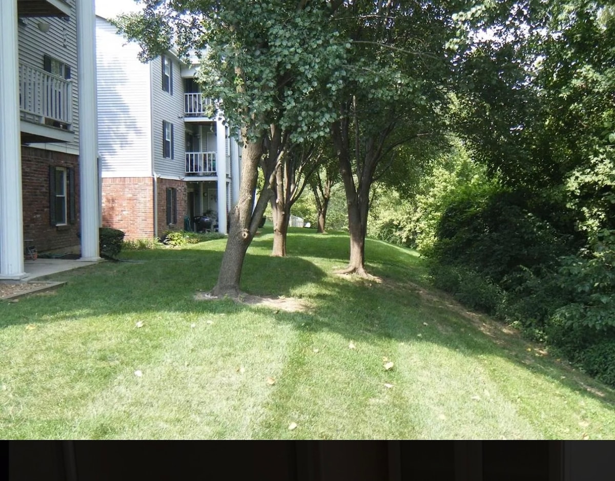 A grassy area is bordered by trees, providing a natural setting in front of a multi-level building. The landscape features a well-maintained lawn, with a path leading through the greenery, inviting exploration and relaxation.