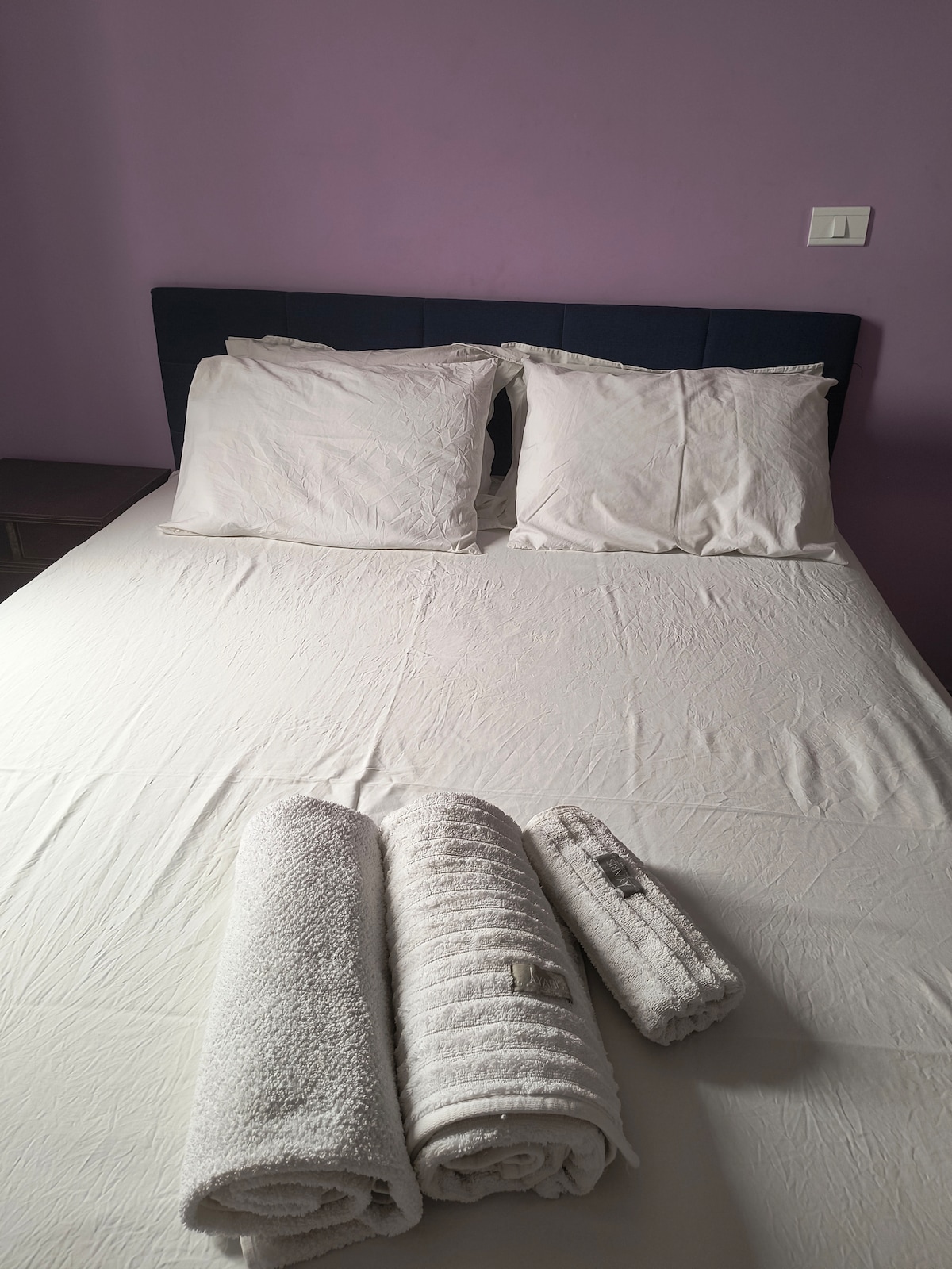 A spacious bed with a neatly arranged white bedding setup is featured. Two white pillows rest against a dark blue headboard. Fresh towels are placed at the foot of the bed, offering a touch of comfort and care.