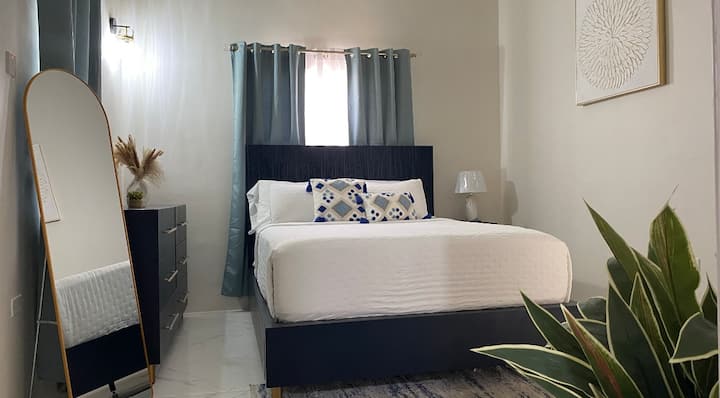 חדר ממוזג עם מזרן Queen Pillow מרופד בסדיני כותנה רכים ומאפשר שינה נוחה. חדר עם מראה באורך מלא וארון בגדים. 