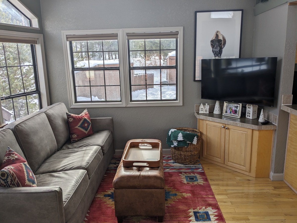 A cozy living area is depicted, featuring a comfortable gray sofa adorned with patterned throw pillows. A wooden coffee table rests on a vibrant area rug, with a flat-screen TV mounted on a light wood cabinet. Large windows provide views of the snowy outdoors.