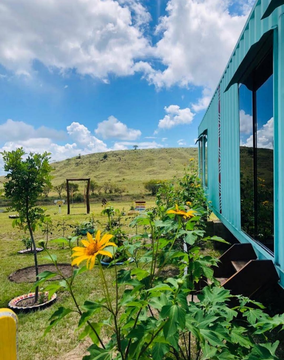A bright container accommodation is set amidst lush greenery and yellow flowers, with expansive views of a rolling landscape under a blue sky filled with clouds. The vibrant structure is complemented by neatly arranged plants along the pathway.